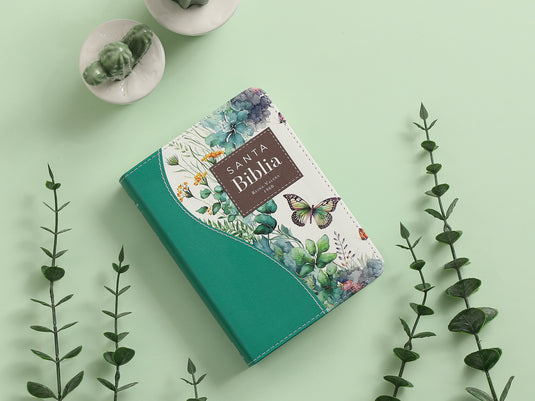 Biblia de Bolsillo RVR 1960, imitación piel verde flores y mariposas