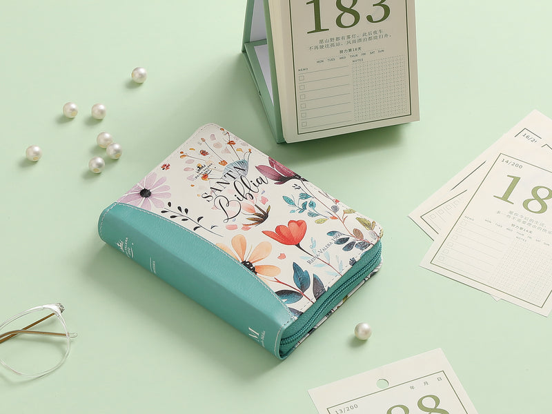 Cargue la imagen en el visor de la galería, Biblia de Bolsillo RVR 1960, Cierre zíper, con índice, imitación piel turquesa jardín
