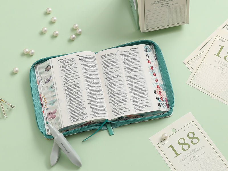Cargue la imagen en el visor de la galería, Biblia de Bolsillo RVR 1960, Cierre zíper, con índice, imitación piel turquesa jardín
