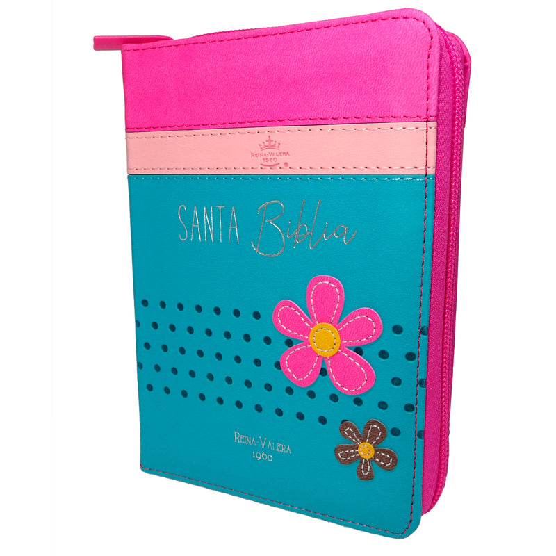 Cargue la imagen en el visor de la galería, Biblia de Bolsillo RVR 1960, Cierre zíper, imitación piel fucsia/rosa/turquesa con flores
