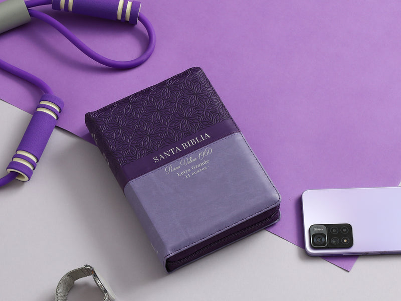 Cargue la imagen en el visor de la galería, Biblia RVR 1960, Tamaño portátil, Cierre zíper, con índice, Letra Grande, imitación piel tonos lila
