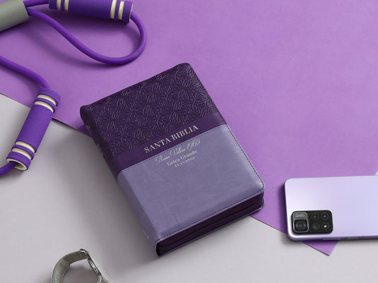 Biblia RVR 1960, Tamaño portátil, Cierre zíper, con índice, Letra Grande, imitación piel tonos lila