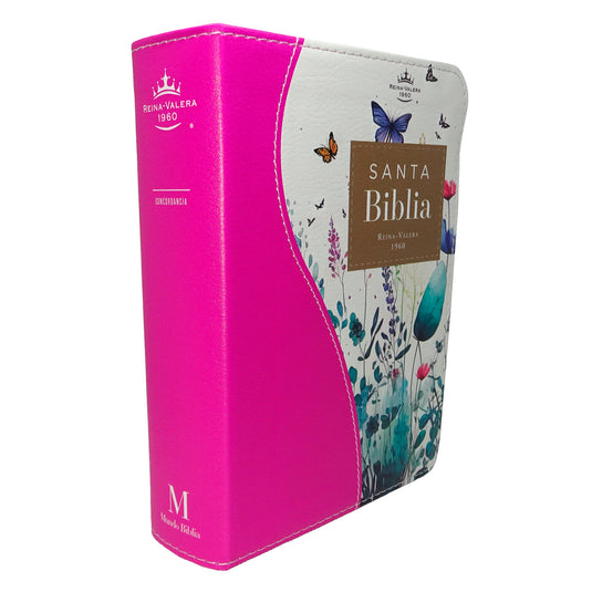 Biblia de Bolsillo RVR 1960, imitación piel fucsia flores y mariposas