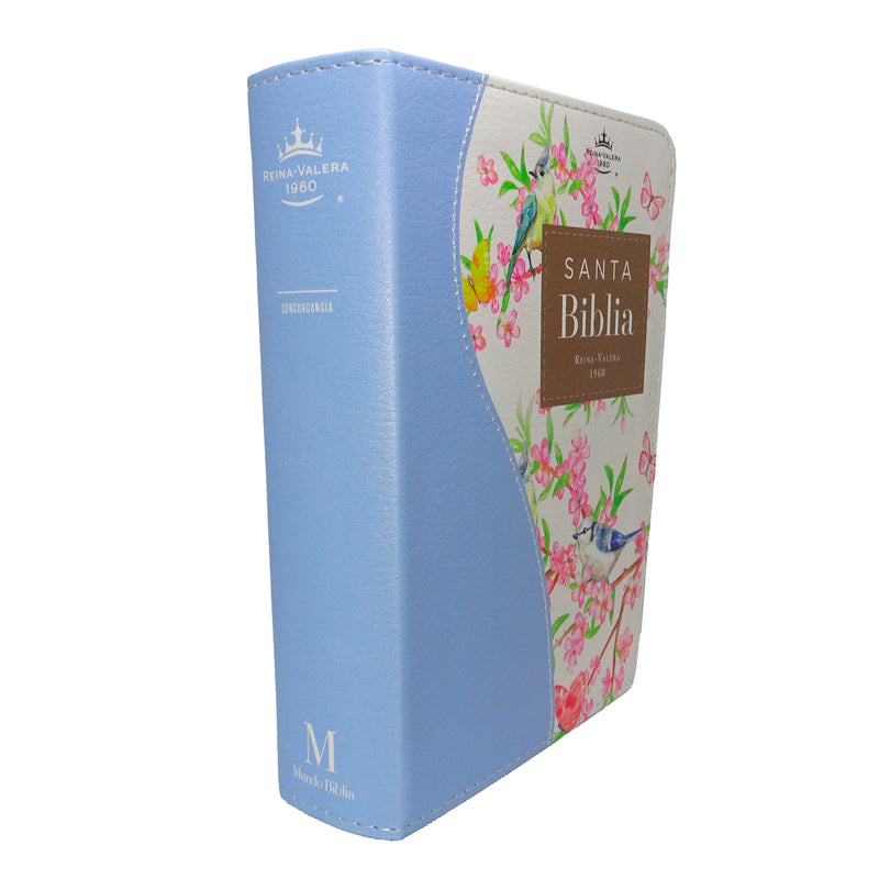 Cargue la imagen en el visor de la galería, Biblia de Bolsillo RVR 1960, imitación piel celeste flores y pájaros
