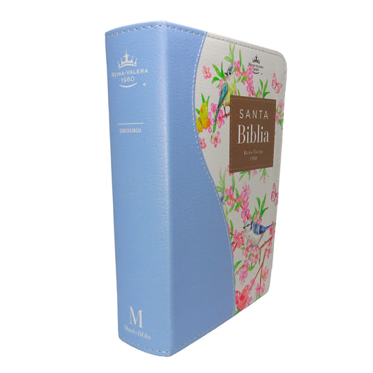 Biblia de Bolsillo RVR 1960, imitación piel celeste flores y pájaros