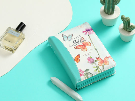 Biblia RVR 1960, Tamaño portátil, Cierre zíper, con índice, Letra Grande, imitación piel turquesa mariposas