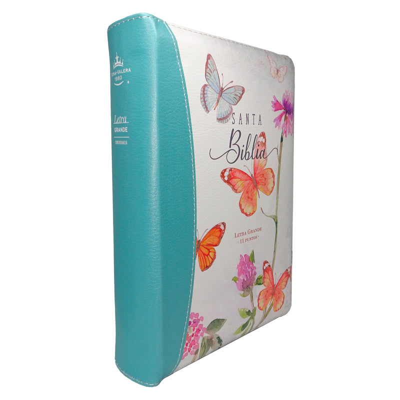 Cargue la imagen en el visor de la galería, Biblia RVR 1960, Tamaño manual, Cierre zíper, con índice, Letra Gigante, imitación piel turquesa mariposas
