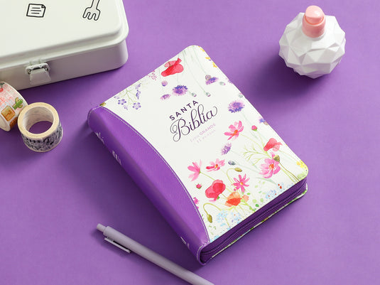 Biblia RVR 1960, Tamaño portátil, Cierre zíper, Letra Grande, imitación piel morada primaveral