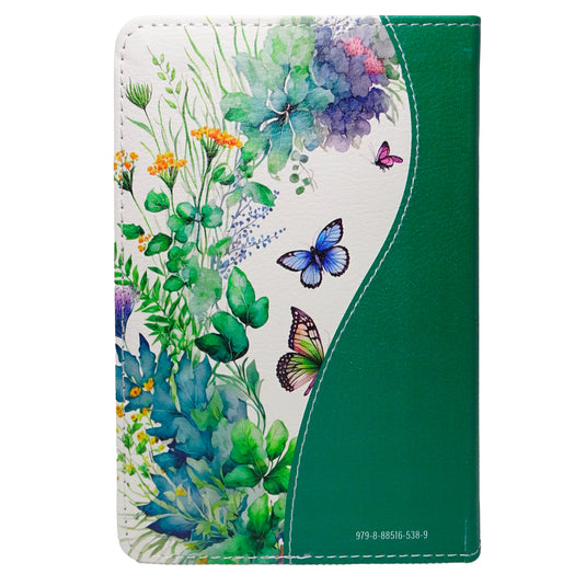Biblia de Bolsillo RVR 1960, imitación piel verde flores y mariposas