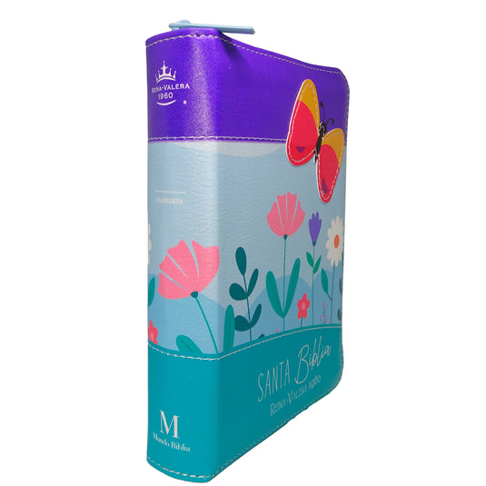 Biblia de Bolsillo RVR 1960, Cierre zíper, imitación piel lila/azul/turquesa mariposa