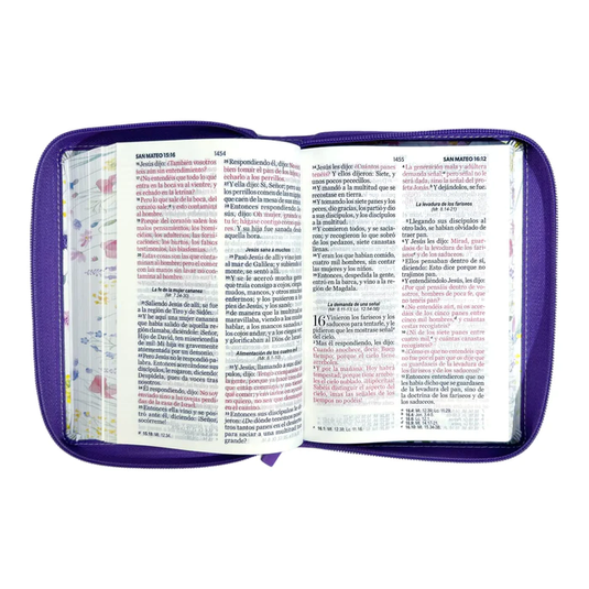 Biblia RVR 1960, Tamaño portátil, Cierre zíper, Letra Grande, imitación piel morada primaveral