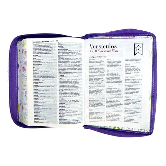 Biblia RVR 1960, Tamaño portátil, Cierre zíper, Letra Grande, imitación piel morada primaveral
