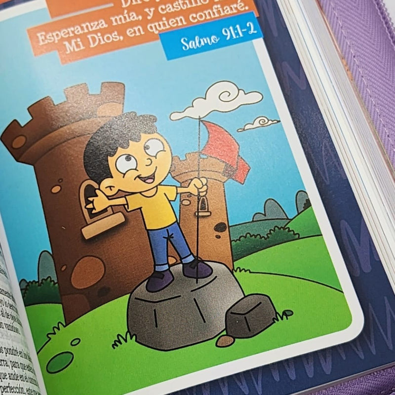 Cargue la imagen en el visor de la galería, Biblia para niños de bolsillo Mi gran viaje RVR 1960, Cierre zíper, imitación piel lila
