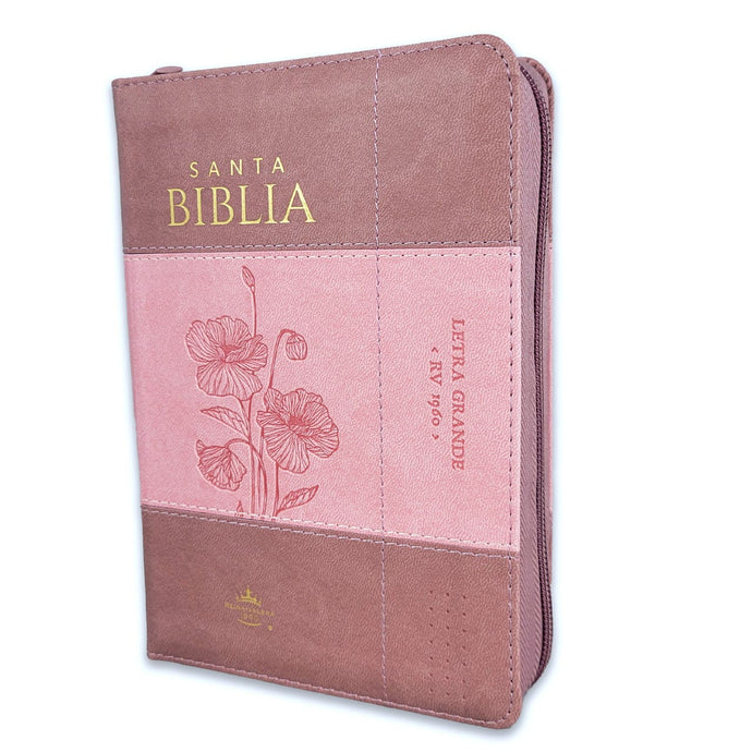 Biblia RVR 1960, Tamaño portátil, Cierre zíper, con índice, Letra Grande, imitación piel rosada con flores
