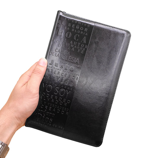 Biblia RVR 1960, Letra Grande, Tamaño Manual, Cierre zíper, simil piel negra con nombres de Dios