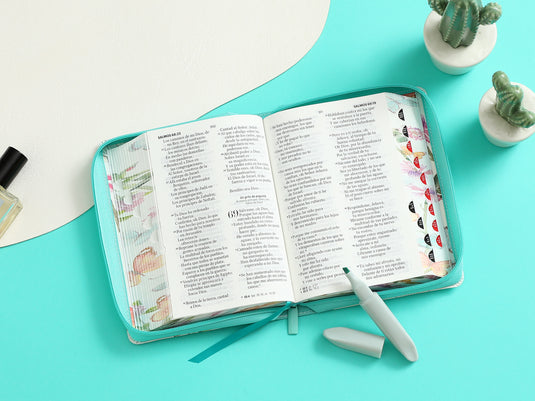 Biblia RVR 1960, Tamaño portátil, Cierre zíper, con índice, Letra Grande, imitación piel turquesa mariposas
