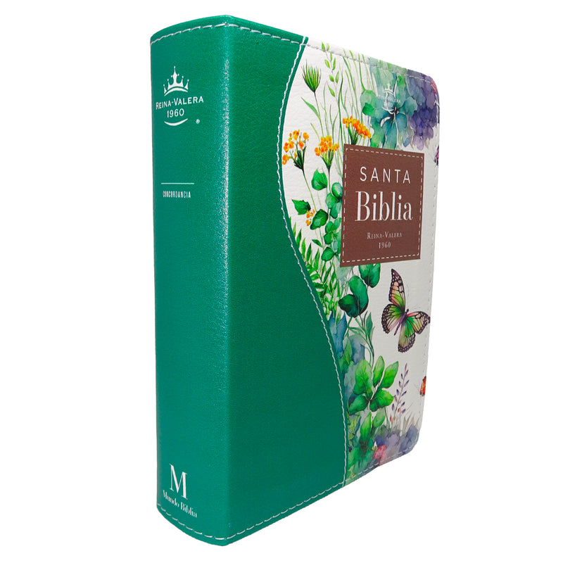 Cargue la imagen en el visor de la galería, Biblia de Bolsillo RVR 1960, imitación piel verde flores y mariposas
