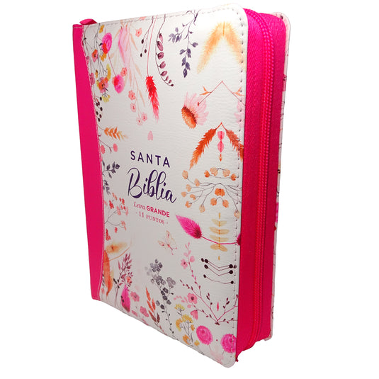Biblia RVR 1960, Tamaño portátil, Cierre zíper, Letra Grande, imitación piel fucsia primaveral