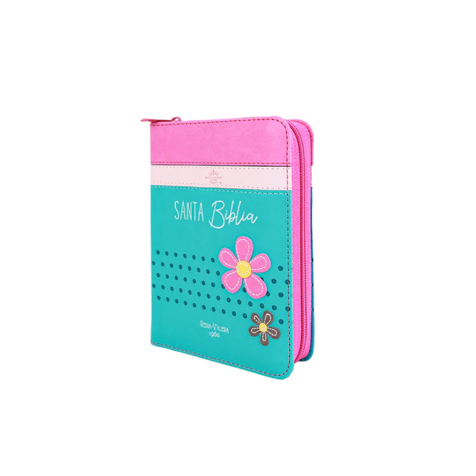 Biblia de Bolsillo RVR 1960, Cierre zíper, imitación piel fucsia/rosa/turquesa con flores