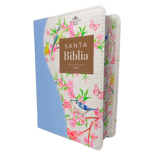 Biblia de Bolsillo RVR 1960, imitación piel celeste flores y pájaros