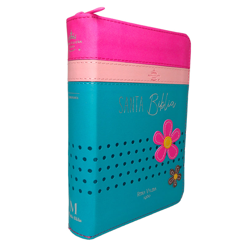 Cargue la imagen en el visor de la galería, Biblia de Bolsillo RVR 1960, Cierre zíper, imitación piel fucsia/rosa/turquesa con flores
