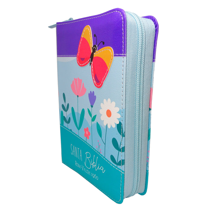 Biblia de Bolsillo RVR 1960, Cierre zíper, imitación piel lila/azul/turquesa mariposa