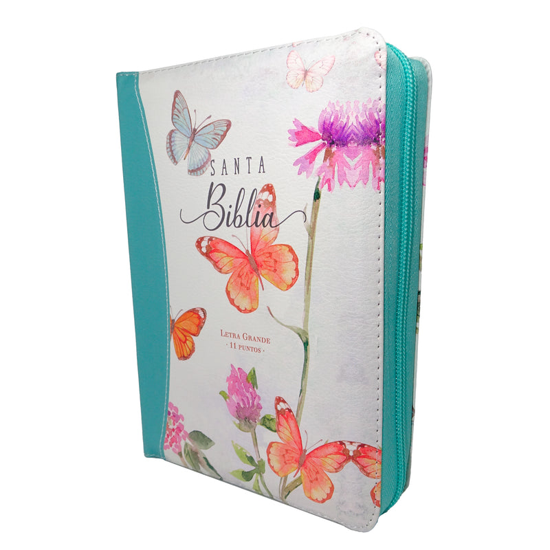Cargue la imagen en el visor de la galería, Biblia RVR 1960, Tamaño manual, Cierre zíper, con índice, Letra Gigante, imitación piel turquesa mariposas
