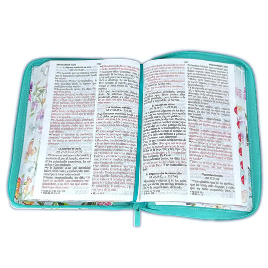 Biblia RVR 1960, Tamaño manual, Cierre zíper, con índice, Letra Gigante, imitación piel turquesa mariposas