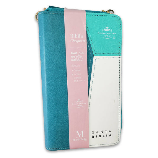 Biblia RVR 1960, Cierre zíper, con índice, símil piel turquesa con blanco- Tipo chequera