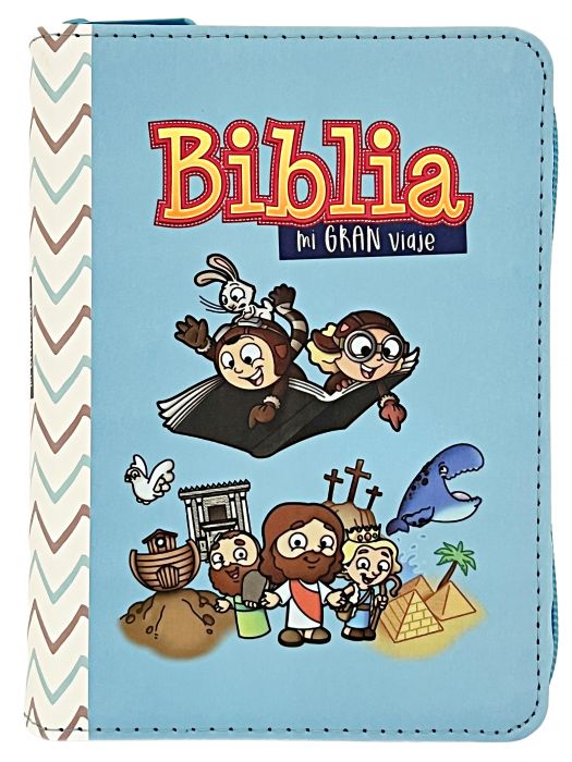 Cargue la imagen en el visor de la galería, Biblia para niños de bolsillo Mi gran viaje RVR 1960, Cierre zíper, imitación piel celeste
