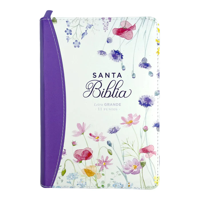 Biblia RVR 1960, Tamaño portátil, Cierre zíper, Letra Grande, imitación piel morada primaveral