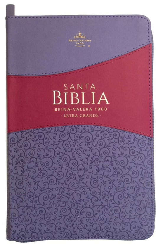Biblia RVR 1960, Tamaño manual, Cierre zíper, Letra Grande, imitación piel bitono morada