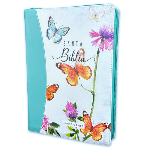 Biblia RVR 1960, Cierre zíper, con índice, Letra Gigante, imitación piel turquesa mariposas