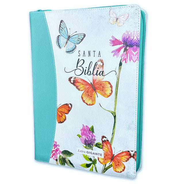 Biblia RVR 1960, Tamaño manual, Cierre zíper, con índice, Letra Gigante, imitación piel turquesa mariposas
