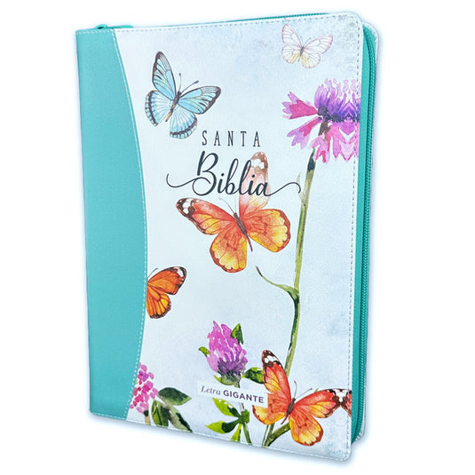 Biblia RVR 1960, Tamaño manual, Cierre zíper, con índice, Letra Gigante, imitación piel turquesa mariposas