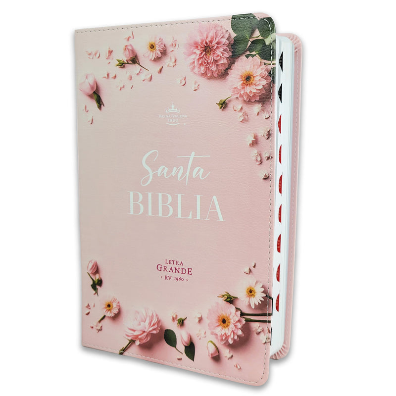 Cargue la imagen en el visor de la galería, Biblia RVR 1960, Letra Grande, con índice, imitación piel rosa flores
