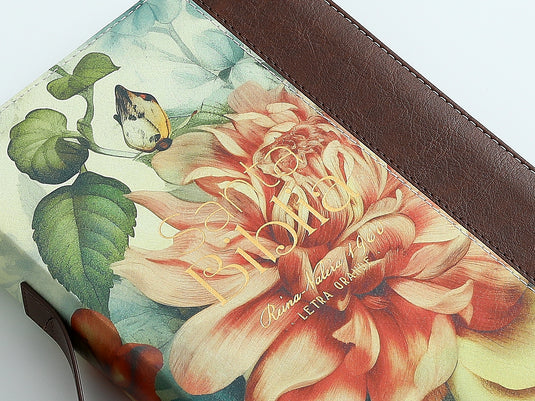 Biblia RVR 1960, Tamaño portátil, Cierre zíper, con índice, Letra Grande, imitación piel café flor