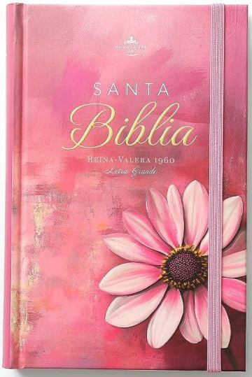 Biblia RVR 1960, Tamaño Manual, Letra Grande, tapa dura con elástico rosa flor