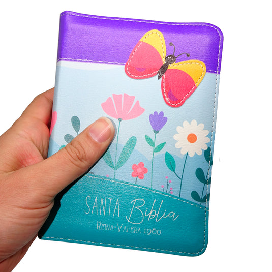 Biblia de Bolsillo RVR 1960, Cierre zíper, imitación piel lila/azul/turquesa mariposa