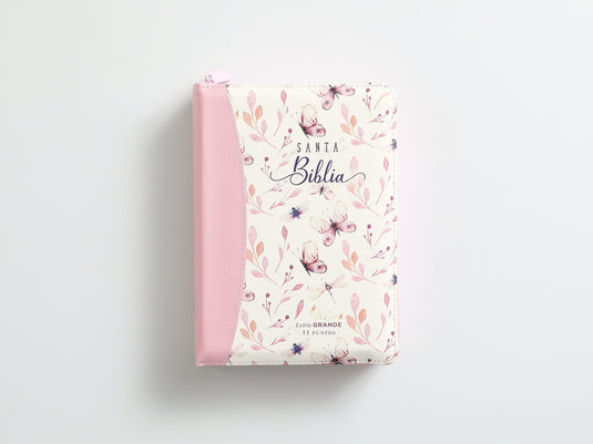 Biblia RVR 1960, Tamaño portátil, Cierre zíper, con índice, Letra Grande, imitación piel rosa mariposas