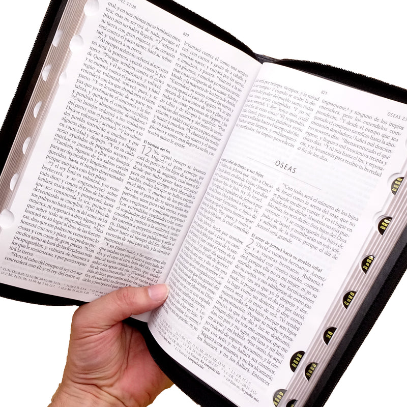 Cargue la imagen en el visor de la galería, Biblia RVR 1960, Letra Grande, Tamaño Manual, Cierre zíper, simil piel negra con nombres de Dios
