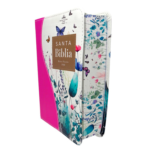 Biblia de Bolsillo RVR 1960, imitación piel fucsia flores y mariposas