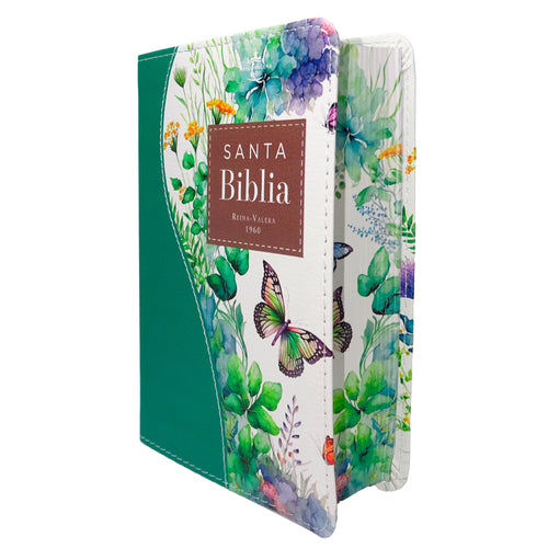 Biblia de Bolsillo RVR 1960, imitación piel verde flores y mariposas