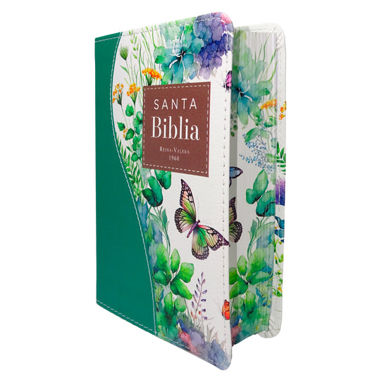 Biblia de Bolsillo RVR 1960, imitación piel verde flores y mariposas