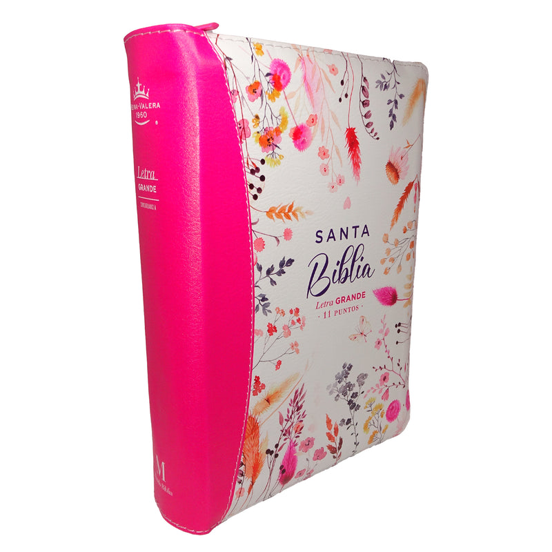 Cargue la imagen en el visor de la galería, Biblia RVR 1960, Tamaño portátil, Cierre zíper, Letra Grande, imitación piel fucsia primaveral
