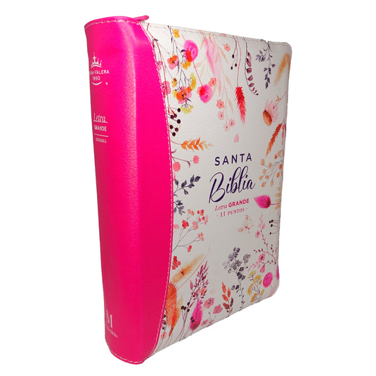 Biblia RVR 1960, Tamaño portátil, Cierre zíper, Letra Grande, imitación piel fucsia primaveral
