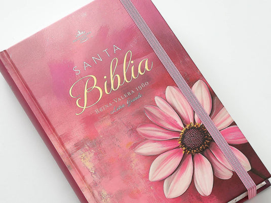 Biblia RVR 1960, Tamaño Manual, Letra Grande, tapa dura con elástico rosa flor