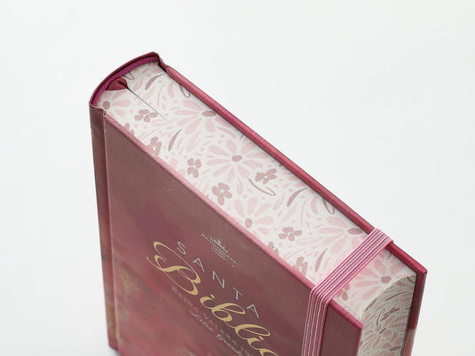 Biblia RVR 1960, Tamaño Manual, Letra Grande, tapa dura con elástico rosa flor