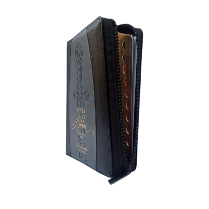 Cargue la imagen en el visor de la galería, Biblia RVR 1960, Letra Grande, Cierre zíper, con índice, imitación piel negro espada
