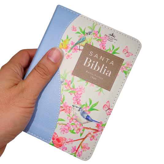 Biblia de Bolsillo RVR 1960, imitación piel celeste flores y pájaros